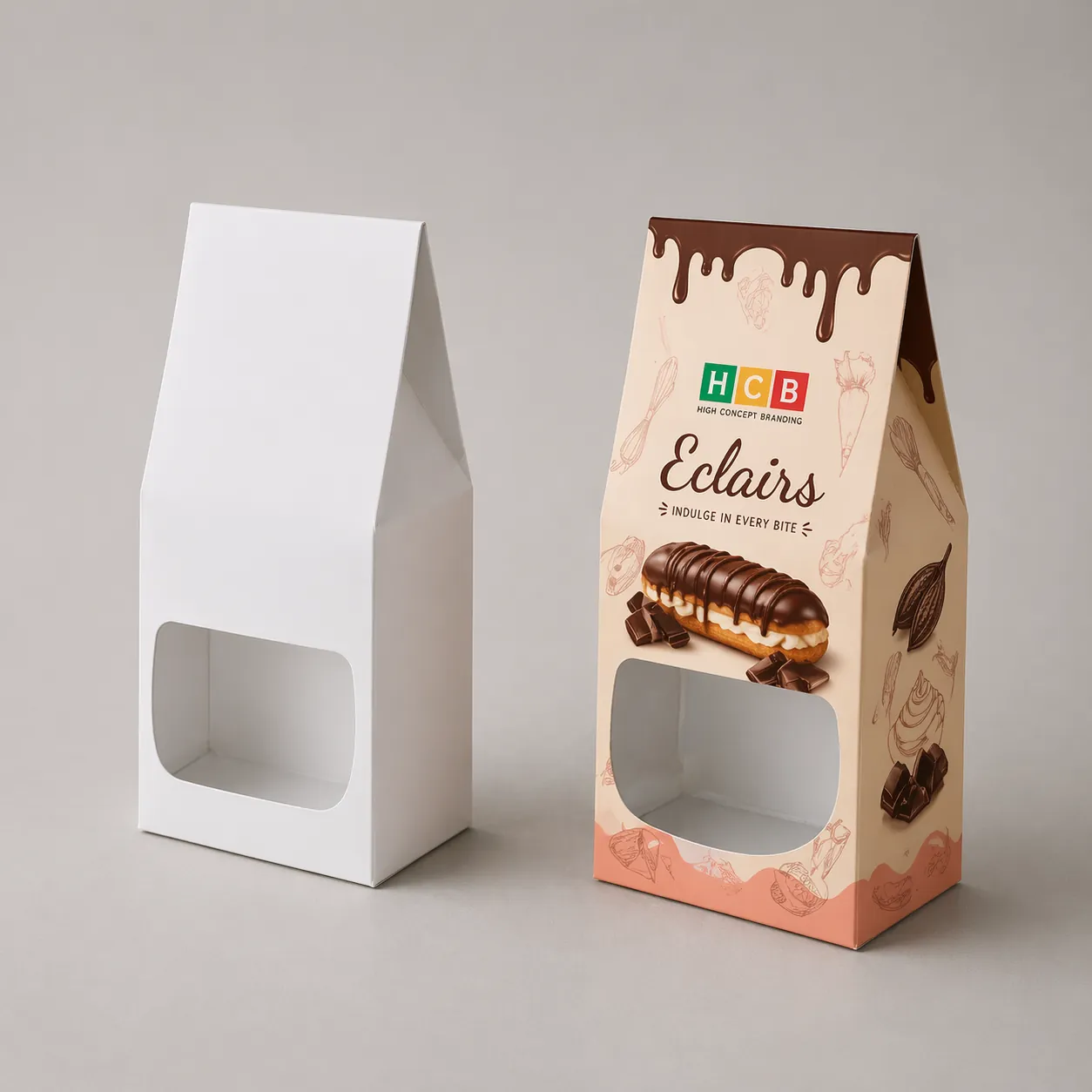 Two elegant square gift boxes, one plain white and one with decorative gold and brown patterns. class=